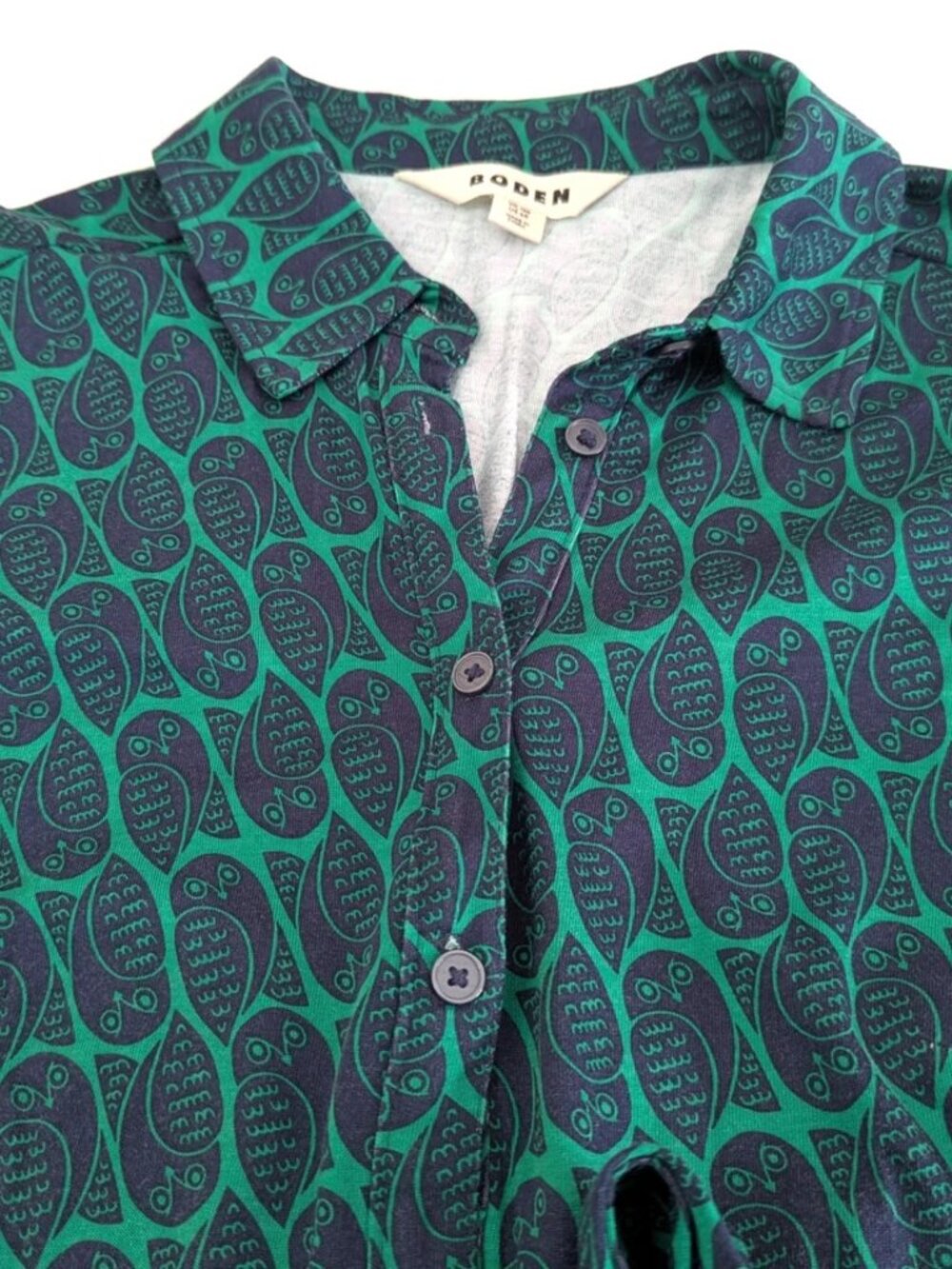 BODEN Laura Jersey Midi Shirt Dress Green Navy Owl Pattern Long Sleeve 8R NWOT - Picture 3 of 12
